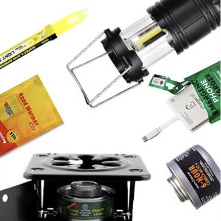 Contents of the Extreme Cold Kit including a lantern, hand warmers, and emergency charger