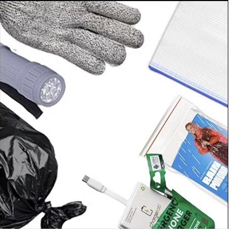 Contents of the Storm Kit including gloves, a flashlight, and an emergency phone charger